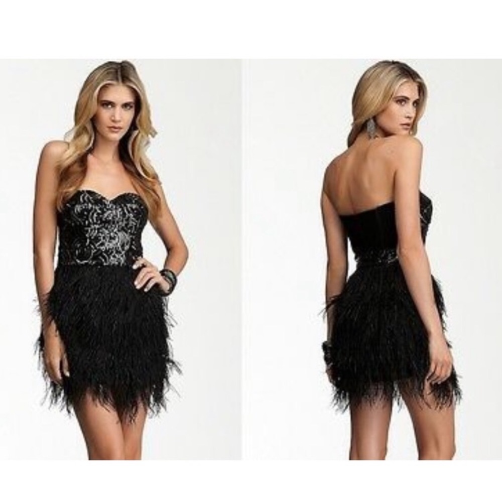 Bebe Isis black feather sequin mini cocktail dress